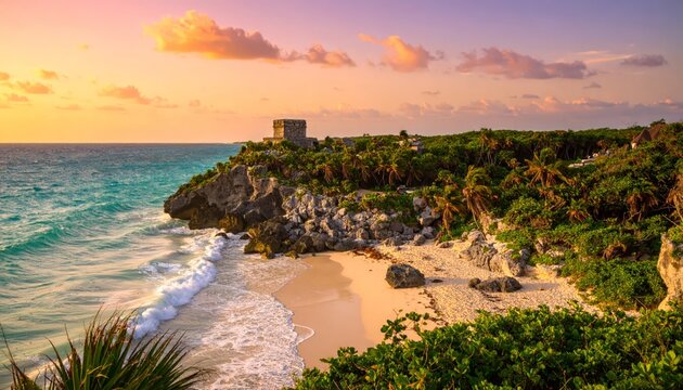 Tulum ruins at golden hour sunset