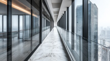Obraz premium Modern office hallway with panoramic city views.