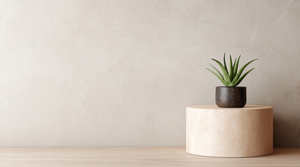 Beige marble podium with aloe plant in black pot on wooden surface against textured wall, creating calm and natural minimalist scene for spa or home decor