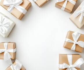 An arrangement of wrapped gift boxes with white satin ribbons on a white background, creating a frame around a blank space.
