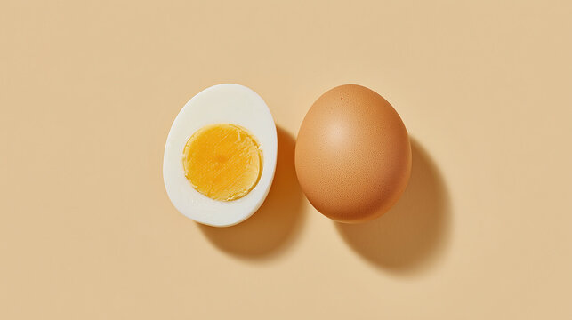 Boiled egg sliced in half showing firm yellow yolk and smooth white next to whole brown egg on beige background with soft natural light and shadow - Powered by Adobe