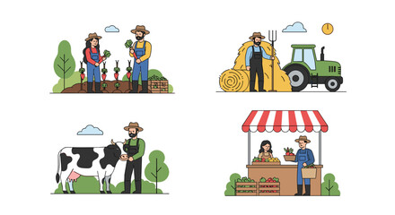 Fototapeta premium Diverse farming activities showcasing agricultural livelihoods and rural lifestyles in detailed pixel art illustrations