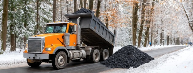 Orange dump truck unloads coal on winter road at construction site for asphalt mixing and paving