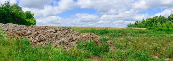 Panoramic photo of a manure pile in the foreground and a grassy landscape with forests against a blue sky and white clouds. Location: Chermizy-Ailles (France)