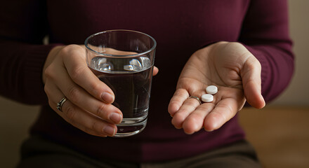 Woman holding pills and a glass of water about to take medication