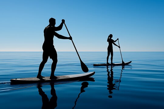 Silhouette of two paddleboarders gliding across calm blue water at sunrise, with a clear sky reflecting in the peaceful ocean, captured in serene contrast