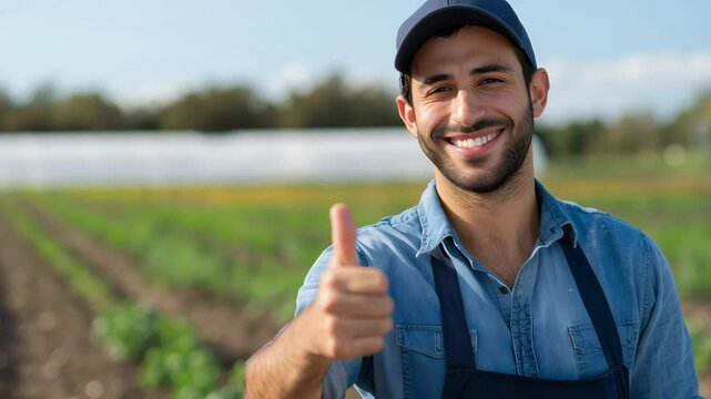 Male farmer in denim shirt and cap, smiling and giving thumbs up in a lush green field, with rows of crops and a greenhouse in the background, showcasing agricultural success and positivity