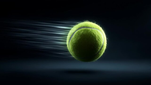 Tennis ball in motion, captured with high-speed photography, showcasing vibrant green color and textured surface, surrounded by dynamic motion blur against a dark background, illustrating sports actio