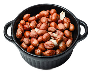 Raw unsalted peanuts with red skin in a black ceramic bowl, isolated on transparent background,...