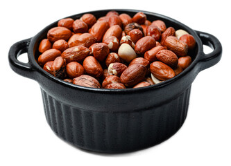 Raw organic red skin peanuts in black ceramic bowl on transparent background closeup healthy snack food natural legume antioxidants