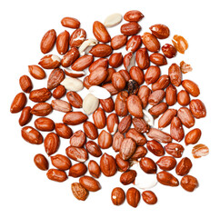 Raw unsalted redskinned peanuts arranged in a random pile against a transparent background,...