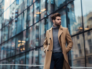 Fototapeta premium stylish man in beige cashmere coat and dark trousers walking past modern glass buildings, urban background