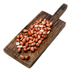 Raw organic unsalted peanuts with red skin on rustic wooden board isolated on transparent background