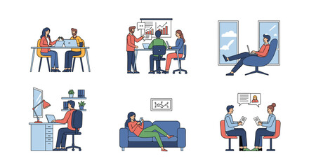Illustrations of diverse workplace scenarios and collaboration in a modern office setting
