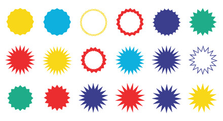 Collection of colorful starburst shapes and circular badges in various designs and styles