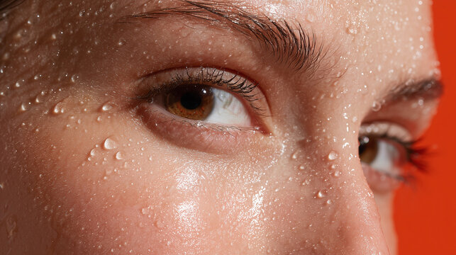 Close up of fresh skin with water droplets on face showing natural beauty and clean moisture on brown eyes and eyebrow against orange background - Powered by Adobe