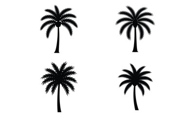 Fototapeta premium Set of four black palm tree icons isolated on white background for tropical design use 