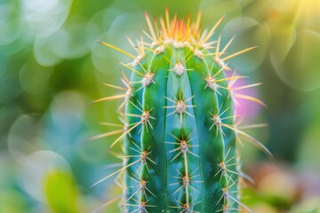 A close-up view of a green cactus with sharp spines illuminated by sunlight in a garden