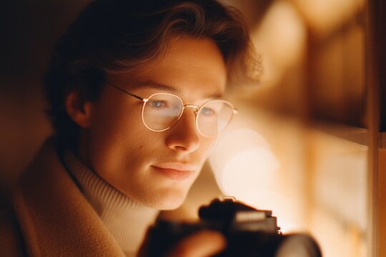 portrait of photographer reviewing sepia film shots beside vintage camera and stack of library books under warm light - Powered by Adobe