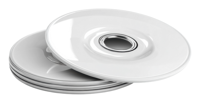 Stack of white cd discs on a clean surface product. Isolated on transparent background, png.
