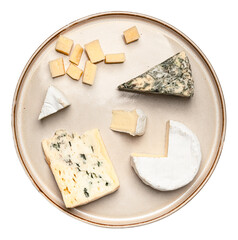 Gourmet assorted cheese platter featuring parmesan cubes blue mold camembert and creamy varieties...