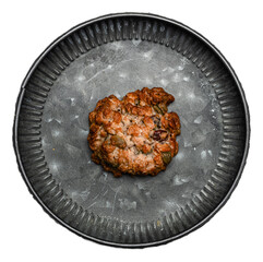 Homemade oatmeal cookie with nuts and dried fruits on metallic baking tray isolated on transparent...