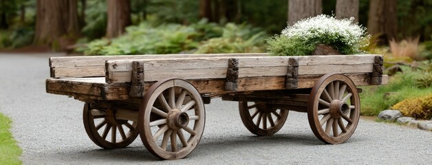 Fototapeta premium Old wooden wagon with large round wheels positioned beside dirt road surrounded by green trees and bushes on a sunny day