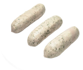 Uncooked homemade poultry sausage links with herbs in natural casing isolated on transparent background
