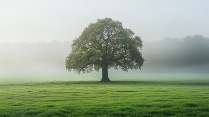 Fototapeta premium Misty morning in a field with a lone tree