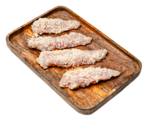Raw breaded chicken tenders strips uncooked nuggets fillet on wooden tray isolated on transparent background
