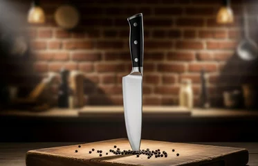 Shiny chef knife stands on rustic wooden cutting board with spices in a warm, cozy kitchen setting. © random