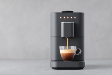 portrait render of smart coffee maker dispensing espresso under spotlight on minimalist counter
