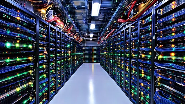 A server room filled with rows of computer hardware.