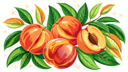 Obraz premium A close-up Sweet peaches and leaves. Very beautiful white background