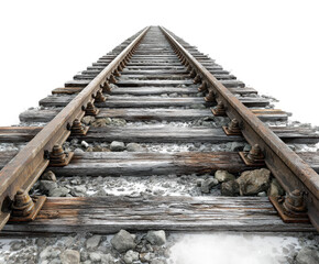 Train tracks leading to horizon in snowy landscape. Isolated on transparent background, png.