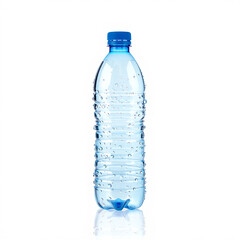 Naklejka premium Photo of a clear plastic water bottle with a blue cap and water droplets isolated on white background