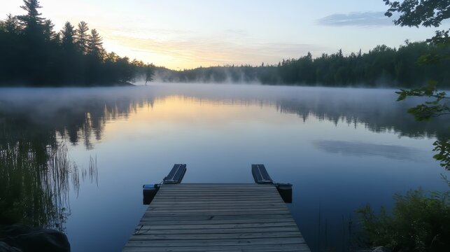 A calm and peaceful lake at sunrise, with fog lifting from the surface