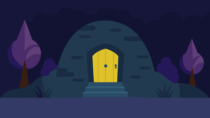 A Cartoon Secret Hideout with a Glowing Doorway