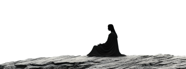 Meditation practice by a solitary woman rocky shore minimalist view. Isolated on transparent background, png.