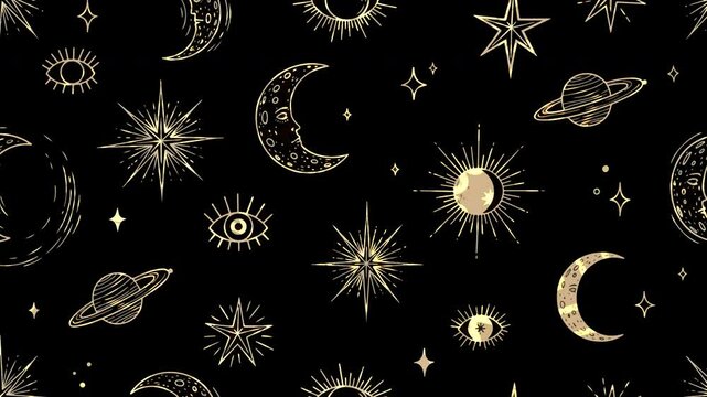 Celestial cosmos pattern featuring golden moons, stars, and planets in night sky. 4K Animation Video Background