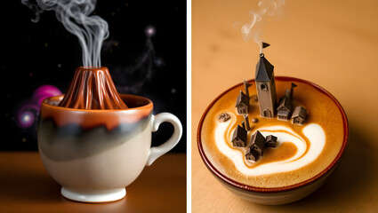 A delightful coffee art with miniature objects, showcasing unique and creative art