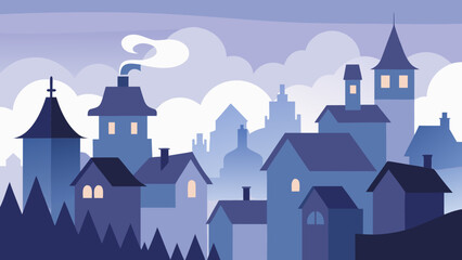 Enchanting whimsical town rooftops shrouded in magical mist