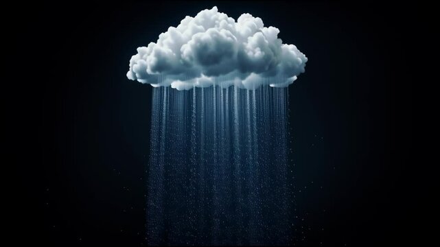Fluffy White Cloud Floats Against Dark Background, Releasing Gentle Rain Shower Serene Contrast and Tranquility in Natures Minimalist Style with Delicate Streams and Calming Atmosphere