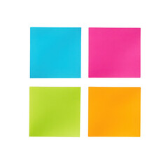 Fototapeta premium Four brightly colored square sticky notes arranged in a two by two grid isolated on transparent background