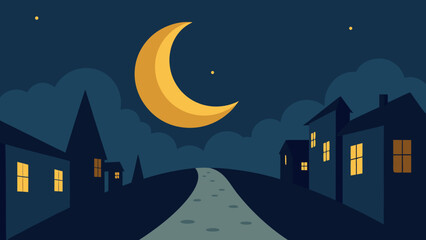 Fototapeta premium Enchanting crescent moon shining over a cozy enchanted street