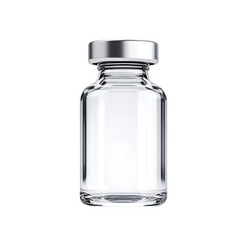 A clear glass pharmaceutical vial with a silver crimp cap isolated on a transparent background for medical applications isolated on transparent background