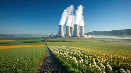 Nuclear power plant amidst a rural landscape.  Smoke plumes rise from cooling towers.  Fields of colorful crops flank a dirt road leading to the plant.  A clear blue sky dominates the background