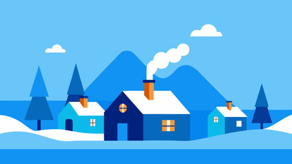 Charming snowy village landscape with cozy small houses and chimneys