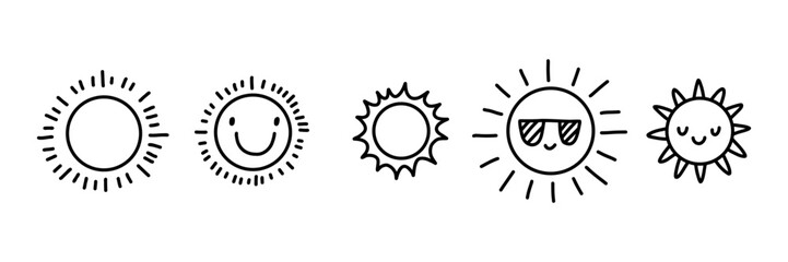 Cute doodle sun icon set. Hand drawn smiling and simple sun designs in black outline. Fun summer clipart for kids, stickers, planners, weather forecast symbols, and digital projects.