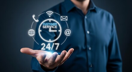24/7 Customer Service Icon in Hand Business Concept.24 Hour Assistance  support and Business Communication ,24x7 Client Support Network ,Information Technology Support Concept with 24/7 .